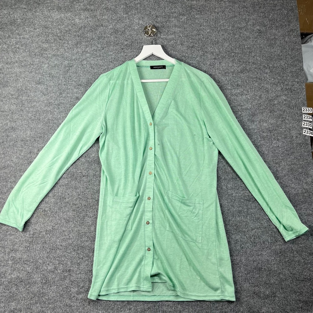 Merokeety Cardigan Sweater Womens Large Green V Neck Tight Knit Patch Pockets